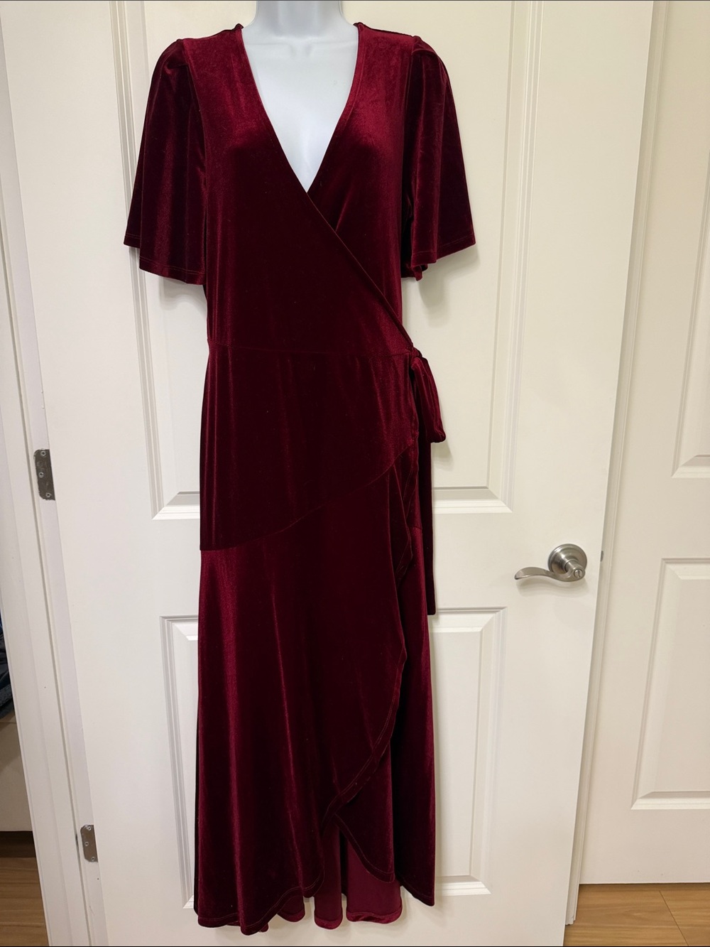 Leith Burgundy Velvet Wrap Maxi Dress